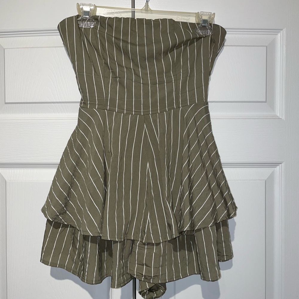 Striped Olive Green Strapless Romper